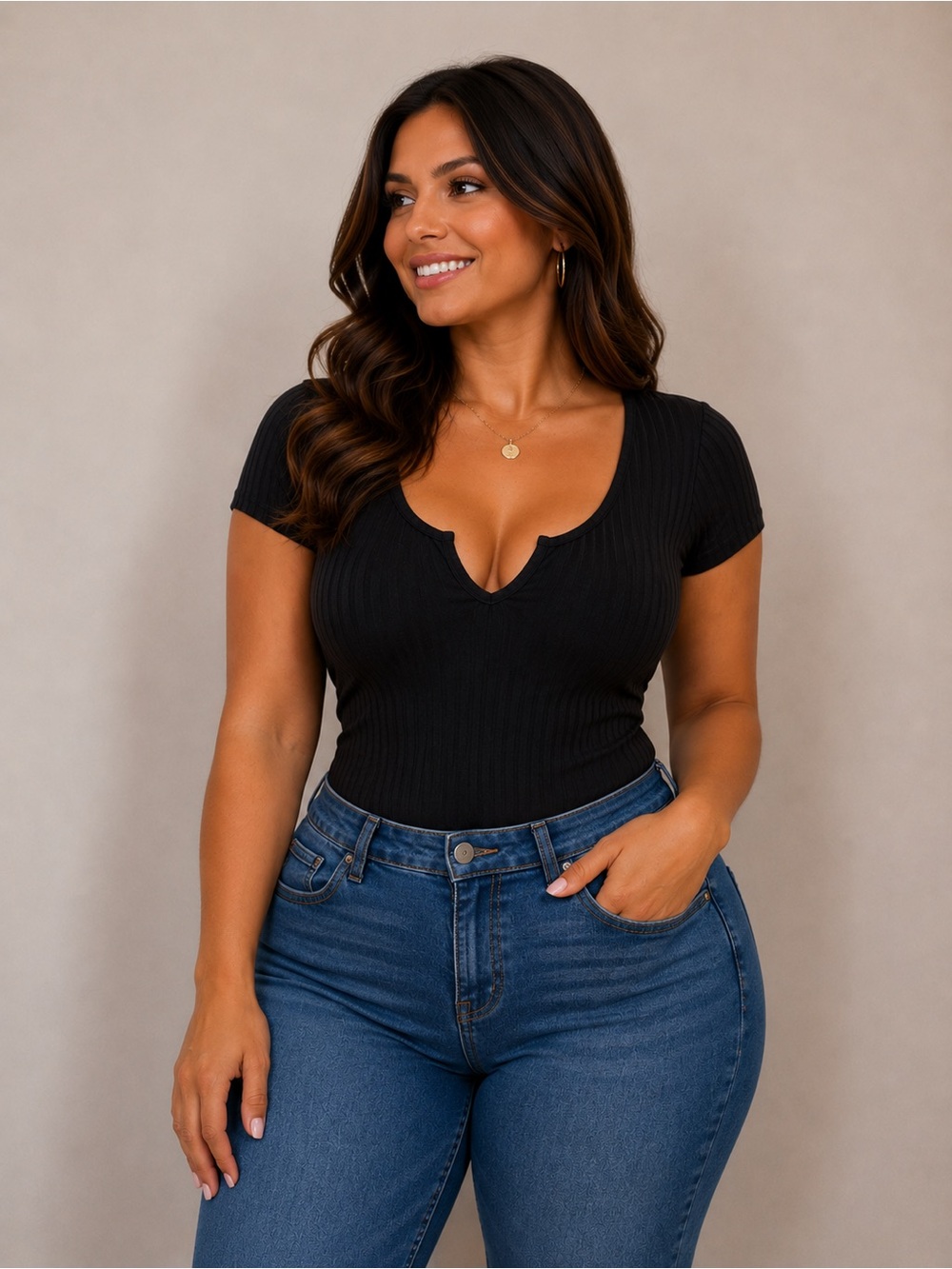 ☀️SHEIN Black Ribbed Notch-Neck Short Sleeve Bodysuit